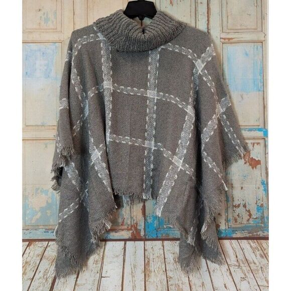 Laundry By Design Womens O/S Grey Combo Poncho Plaid Pure Acrylic Fringe Shawl - Picture 6 of 7